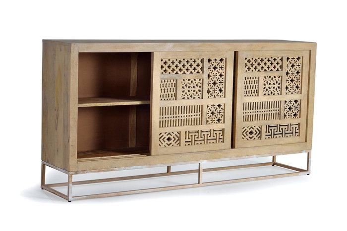 GINER Y COLOMER - Buffet en bois de manguier et métal, 3 portes coulissantes, couleur naturel, 190x95x40 cm